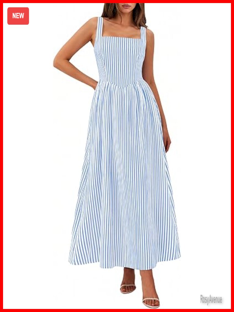 Women's Lyocell Viscose Maxi Dress Square Neck Sleeveless Striped Sundress